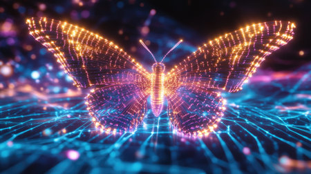Explore this stunning 3D abstract piece featuring a glowing neon butterfly, illuminating the darkness with vibrant colors and intricate patterns.の素材