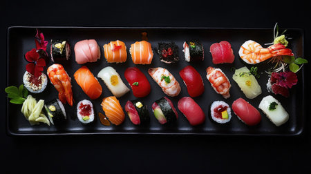 An exquisite display of traditional Japanese sushi, featuring a vibrant assortment of rolls and sashimi arranged beautifully on a black platter. Perfect for culinary appreciation.の素材