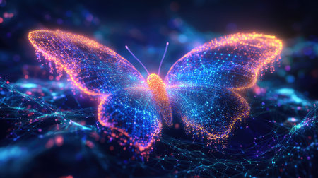 This stunning 3D abstract butterfly features glowing neon colors and elegant design, capturing the essence of beauty and creativity in digital art.の素材