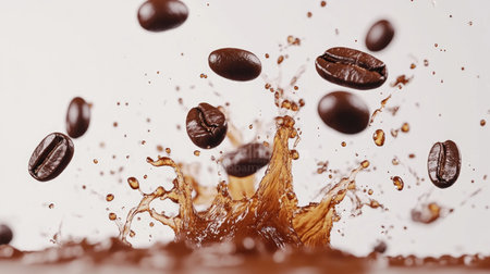 A dynamic and vibrant image capturing a coffee splash with beans in motion, perfect for illustrating the essence of fresh coffee and energy.の素材