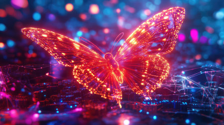 This stunning 3D abstract butterfly design features glowing neon rays and vibrant colors, perfect for digital art enthusiasts looking for a unique and captivating visual.の素材