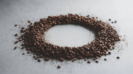 This elegant composition showcases roasted coffee beans arranged in a circular pattern on a minimalistic background, emphasizing their rich texture and natural allure.の素材