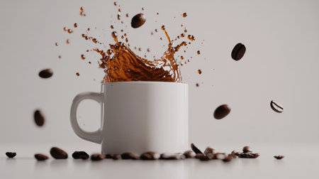 A dynamic image showcasing coffee splashing from a white mug with scattered beans on a surface, capturing the energy and richness of the beverage. Perfect for food and drink visuals.の素材