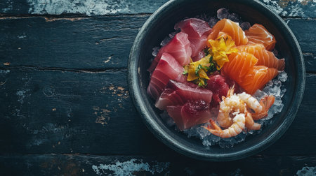 A vibrant assortment of fresh tuna, salmon, and langoustine served on ice, showcasing the elegance of seafood dining and gourmet preparation. Perfect for any culinary setting.の素材