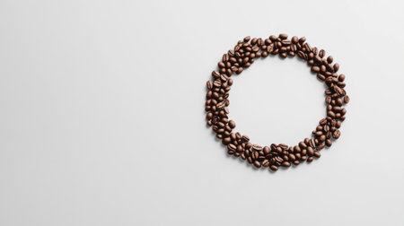This top view image showcases freshly roasted coffee beans arranged in a circular pattern. Perfect for coffee enthusiasts and culinary visuals.の素材