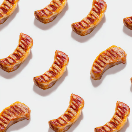 A vibrant display of grilled meat pieces arranged on a clean white background. Ideal for food photography, recipes, or culinary branding, showcasing savory textures.の素材