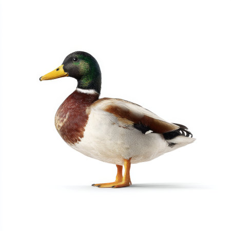 This captivating image showcases a male mallard duck in a standing profile against a pure white background, highlighting its stunning green head and unique feather patterns.の素材