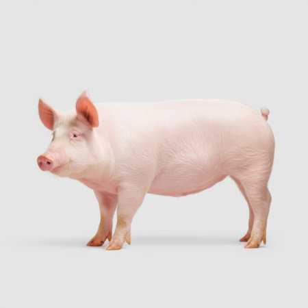 This charming pink pig stands against a simple gray background, showcasing its healthy body and cute expression, ideal for farm-themed projects.の素材