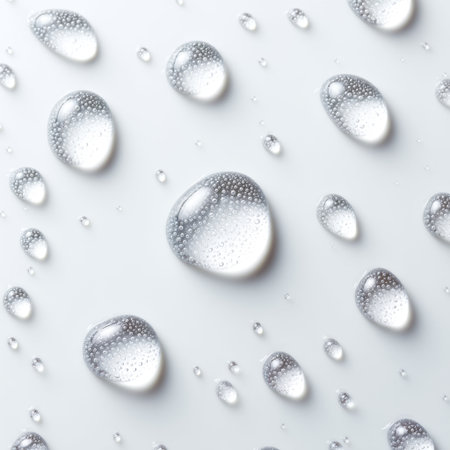 This image features delicate water droplets on a sleek surface, capturing the essence of purity and freshness, ideal for various design projects.の素材