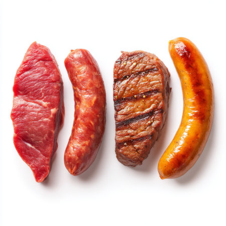 A vibrant display of fresh meats including various beef cuts, sausage, and grilled steak, showcasing textures and colors perfect for culinary projects.の素材
