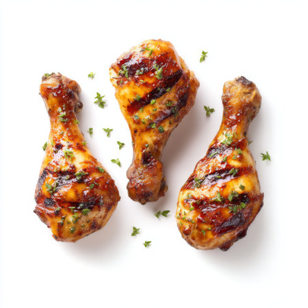 This image showcases three perfectly grilled chicken drumsticks garnished with fresh herbs, set against a clean white background, ideal for food-related content.の素材