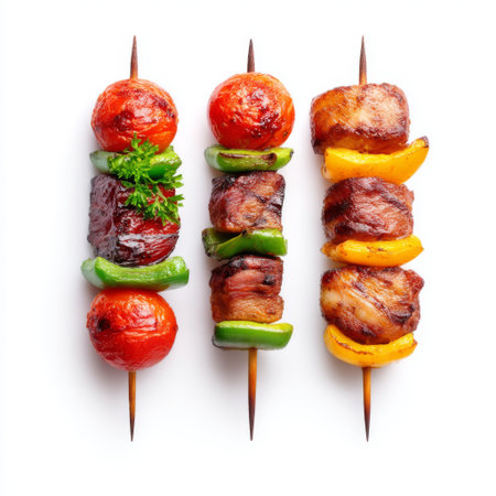 A vibrant display of colorful grilled skewers featuring mouthwatering pieces of meat and fresh vegetables, perfect for culinary delights and summer meals.の素材