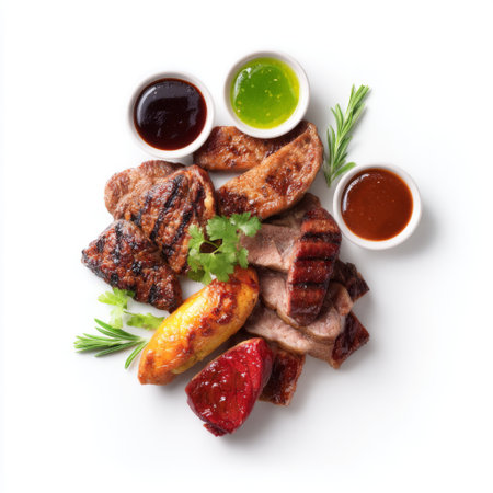 A visually appealing assortment of grilled meats including beef, chicken, and pork, served with a variety of colorful sauces and fresh herbs on a white background.の素材