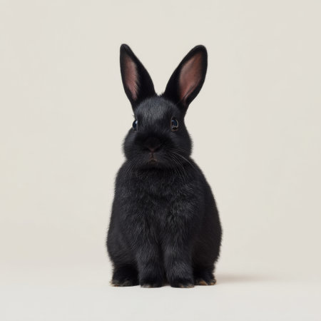 This adorable black rabbit sits peacefully against a soft neutral background, highlighting its fluffy fur and expressive bright eyes, offering a sense of calm.の素材