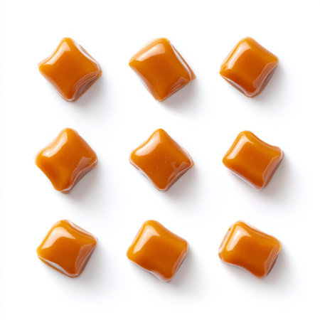 A visually appealing arrangement of glossy caramel candies on a clean white background, perfect for food photography and sweet treat designs.の素材