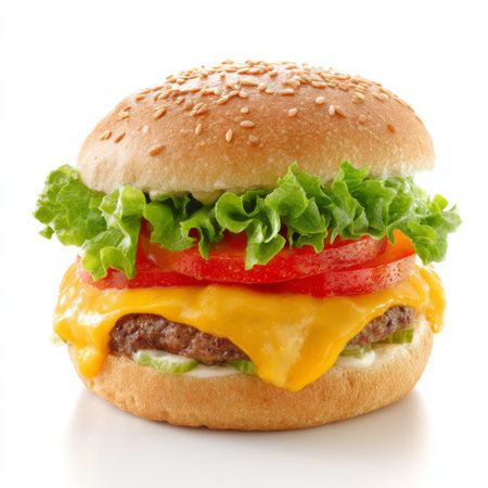 This vibrant image features a cheeseburger stacked high with fresh lettuce, juicy tomato, and melted yellow cheese, all nestled in a sesame seed bun.の素材