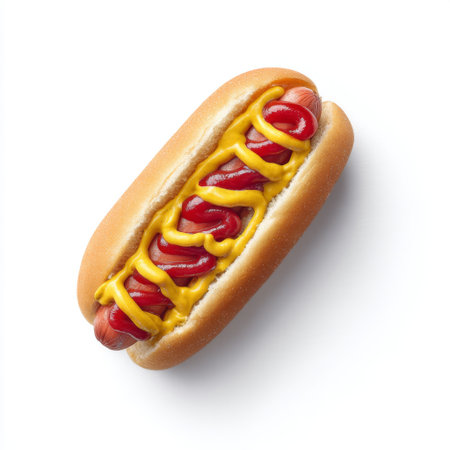 This image showcases a delicious hot dog topped with vibrant ketchup and mustard, set on a soft bun against a clean white background, perfect for food lovers.の素材