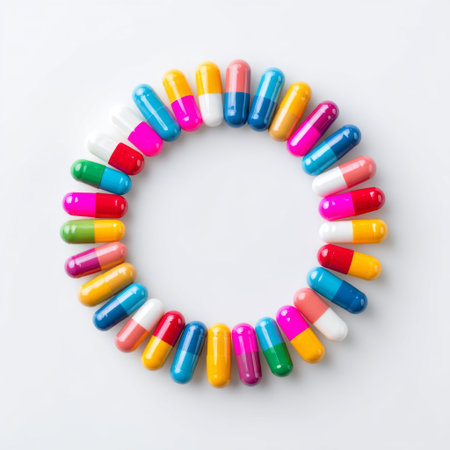 A circular arrangement of colorful capsules against a pristine white background, perfect for health, wellness, and pharmaceutical themes in visual content.の素材