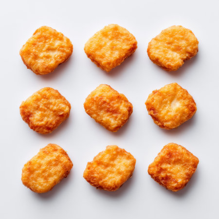 This image displays a neat arrangement of golden brown crispy snack squares, ideal for appetizers or casual dining, showcasing their enticing texture and color.の素材