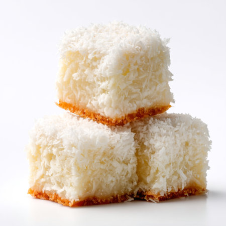 Explore a beautifully arranged trio of coconut dessert pieces, showcasing a creamy texture and enticing white appearance, perfect for culinary presentations.の素材