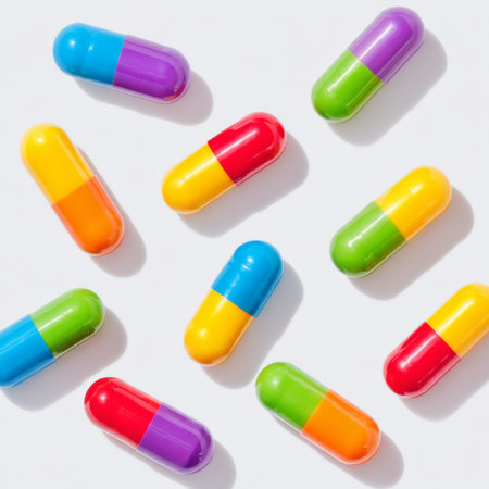 A striking arrangement of colorful capsules scattered on a clean white surface, showcasing a playful and modern take on health and wellness concepts.の素材