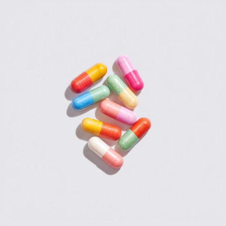 A collection of colorful capsules and pills arranged neatly on a light background, ideal for health and wellness themes or pharmaceutical promotions.の素材