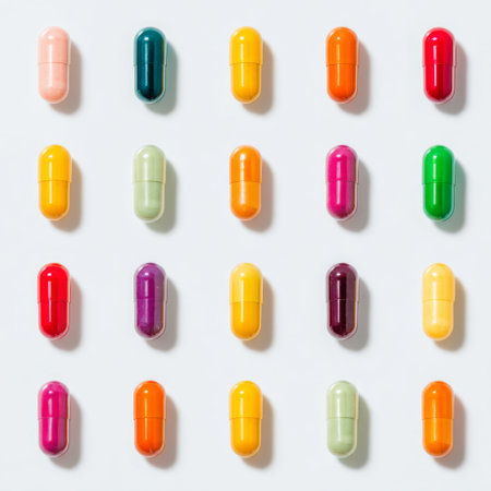 Bright and colorful assortment of capsules arranged in a uniform pattern on a white background, perfect for showcasing health and wellness themes.の素材