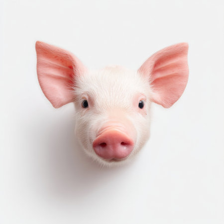 This charming close-up image features the face of a pink pig with large ears and a sweet expression, set against a clean white backdrop.の素材