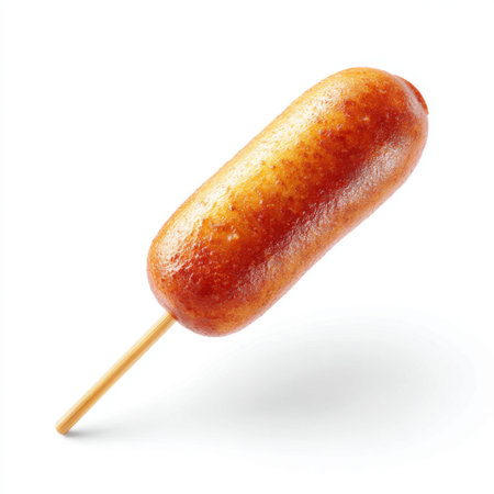 This image features a crispy golden brown corn dog on a wooden stick, perfect for fast food promotions or casual dining. Ideal for food enthusiasts.の素材