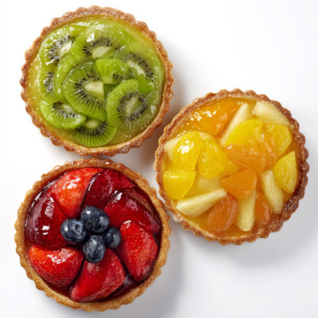 This image showcases three vibrant fruit tarts topped with fresh kiwi, strawberries, and oranges. Perfect for dessert menus and culinary presentations.の素材