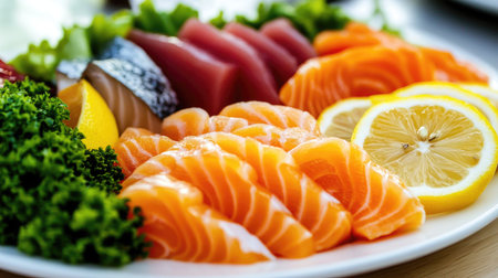 A beautifully presented assortment of sashimi featuring fresh salmon, tuna, garnished with greens and lemon slices, ideal for culinary enthusiasts and food lovers.の素材