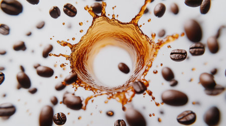 This dynamic image captures an artistic coffee splash surrounded by coffee beans, showcasing vibrant motion and energy. Perfect for food and beverage themes.の素材