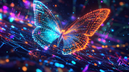 A stunning 3D abstract butterfly design featuring glowing neon wings, creating a vibrant and colorful visual. Perfect for digital art, technology themes, and creative projects.の素材