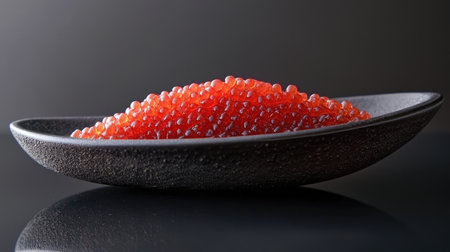 A stunning display of luxurious salmon roe served on a sleek black plate, showcasing vibrant red pearls. Perfect for gourmet dining and upscale presentations.の素材