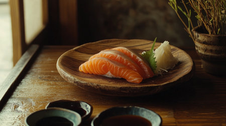 A beautifully arranged plate of traditional Japanese salmon sashimi served on a wooden platter, showcasing fresh ingredients and elegant presentation.の素材