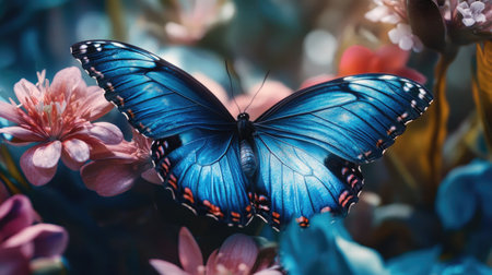 A stunning, vibrant blue butterfly with shimmering wings rests gracefully among blossoms, showcasing the beauty of nature and the vibrant colors of spring.の素材