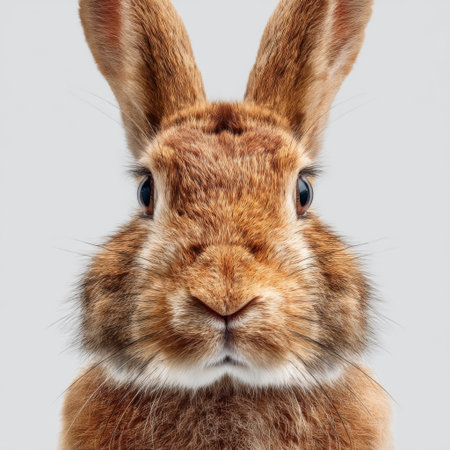 This stunning portrait captures the essence of a fluffy rabbit with prominent ears and soft fur, evoking feelings of innocence and tranquility. The light background emphasizes the details of its expressive face.の素材