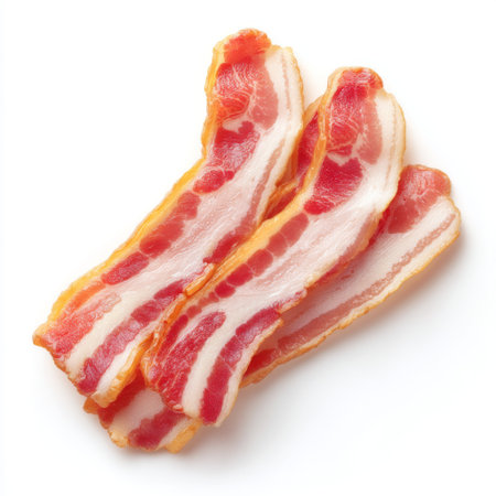 Fresh raw bacon strips displayed on a clean white background, perfect for culinary photography, cooking projects, recipe development, or food blogs.の素材