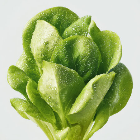 This vibrant image features fresh green lettuce with glistening water droplets, emphasizing its natural freshness and vibrant color, perfect for healthy recipes.の素材