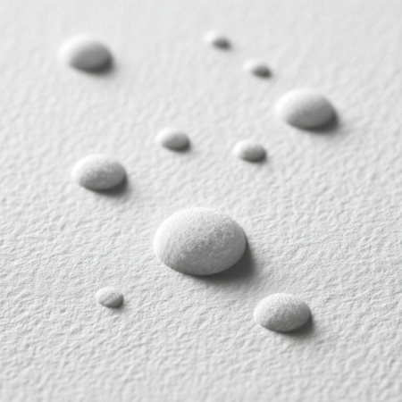A close-up view of water droplets resting on a textured white paper surface, showcasing minimalistic beauty and elegant simplicity in design and nature.の素材