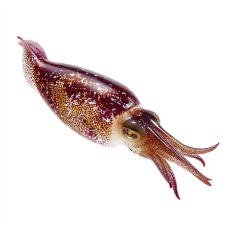 A striking image of a squid swimming elegantly through the clear blue water, showcasing its vibrant hues and intricate patterns. This beautiful marine creature symbolizes the wonders of underwater life and biodiversity.の素材