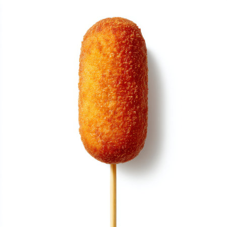 A mouthwatering image of a crispy golden corndog on a stick, perfect for outdoor events or parties, showcasing its delightful texture and taste.の素材