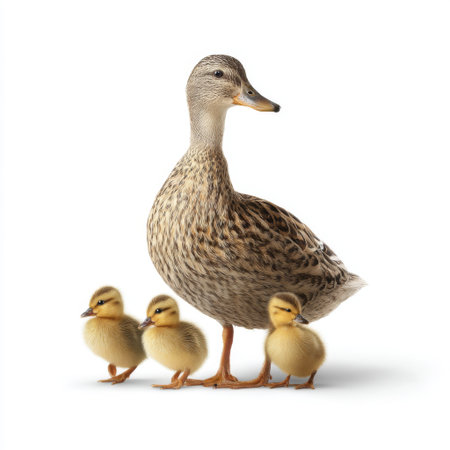 A delightful image of a mother duck with her fluffy ducklings, showcasing a heartwarming moment of nurturing and family togetherness.の素材