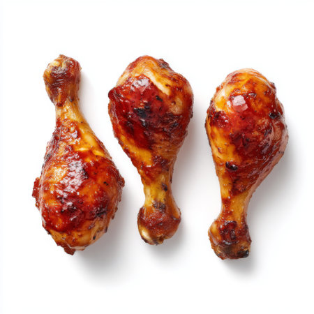 Three juicy chicken drumsticks glazed with rich barbecue sauce, presented on a clean white background, perfect for food-related themes and recipes.の素材