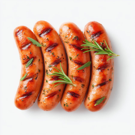 Four succulent grilled sausages garnished with fresh herbs, showcasing an appetizing look perfect for culinary creations and barbecue occasions.の素材