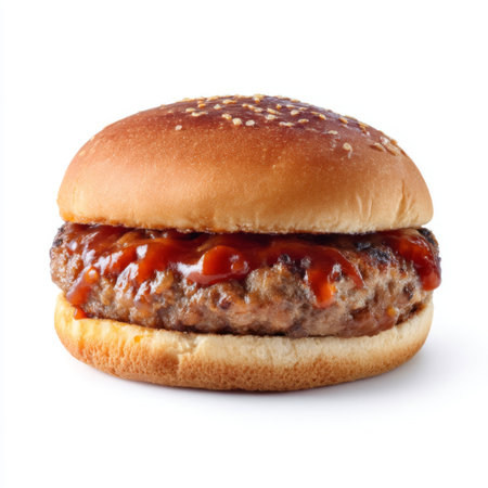 A delicious beef burger featuring a succulent patty topped with savory barbecue sauce and nestled in a toasted sesame seed bun, ideal for meal inspiration.の素材