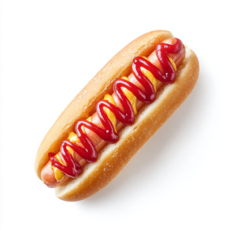 A delicious classic hot dog featuring a juicy sausage nestled in a soft bun, generously topped with yellow mustard and vibrant red ketchup, perfect for any food-themed project.の素材