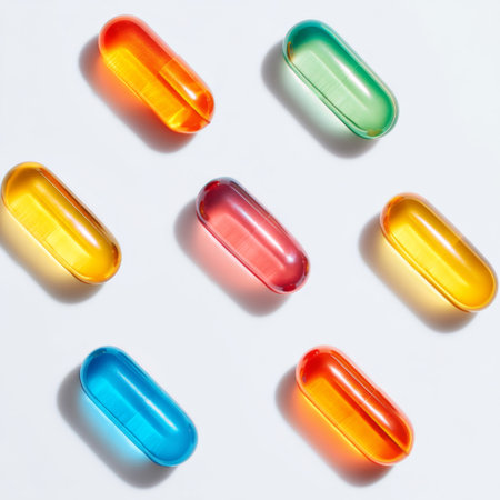 Brightly colored capsules display an inviting array of wellness and health concepts. Perfect for representing vitamins, supplements, and healthy living.の素材