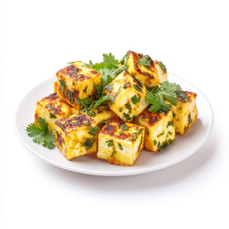 A delightful plate of grilled paneer cubes, garnished with fresh cilantro, showcasing vibrant colors and appealing textures, ideal for any vegetarian meal.の素材