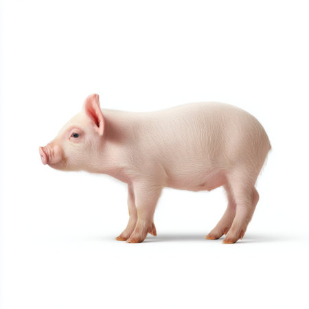 This image features a cute piglet with soft pink skin standing gracefully against a white background, showcasing the innocence and charm of young farm animals.の素材